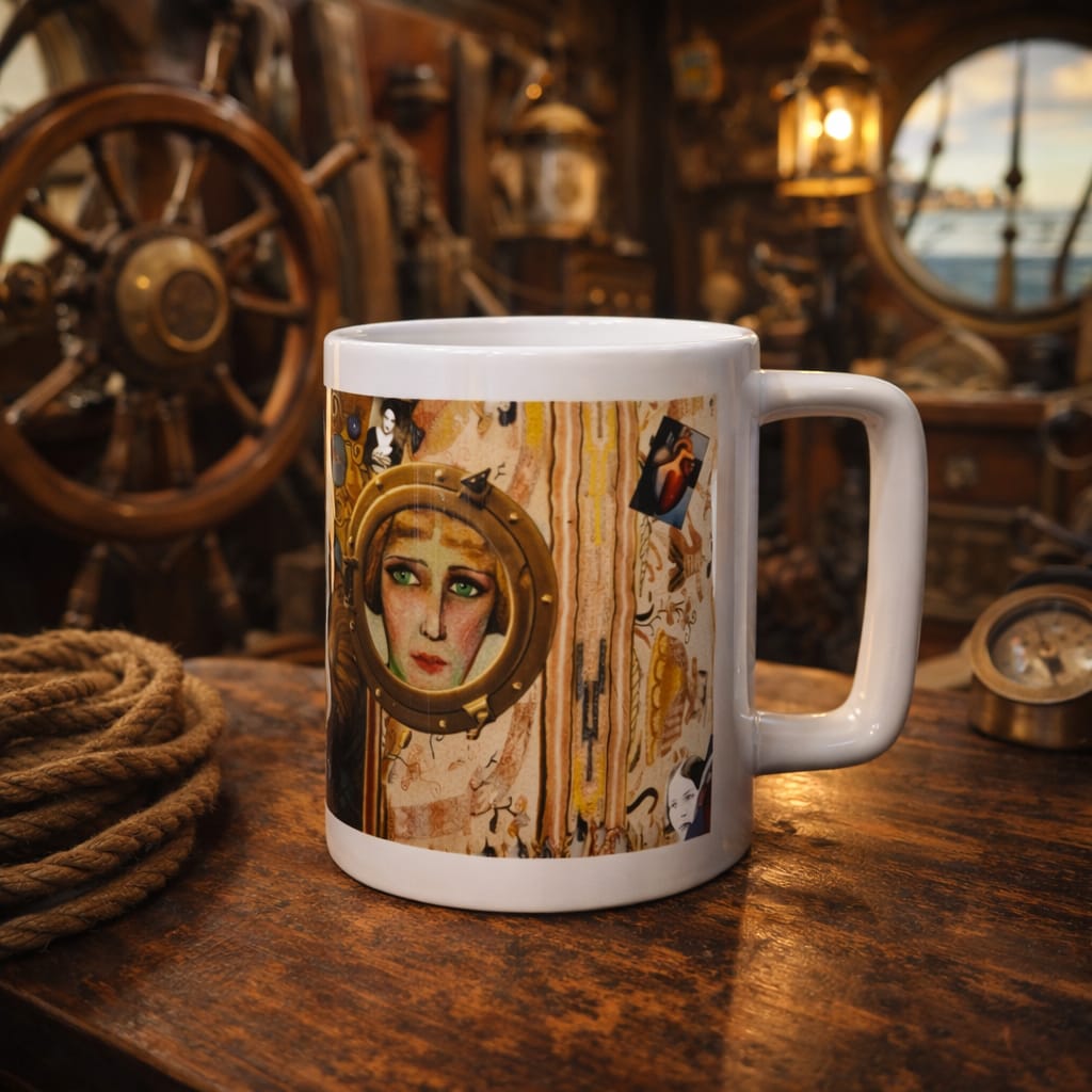 Taza de cerámica con retrato artístico en una escena de producto inspirada en objetos náuticos